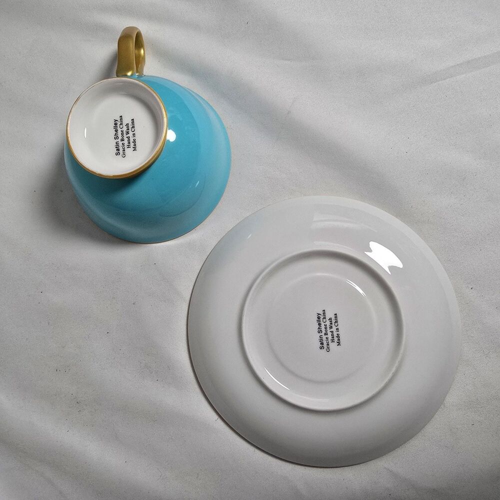 Shelley Gracie Fine Bone China Aqua Blue/Turquoise & Gold Teacup & Saucer + Box - Picture 8 of 16